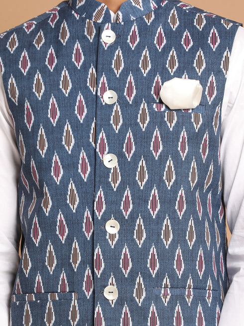 Vastramay Men's Grey Cotton Nehru Jacket  With White Cotton Pant